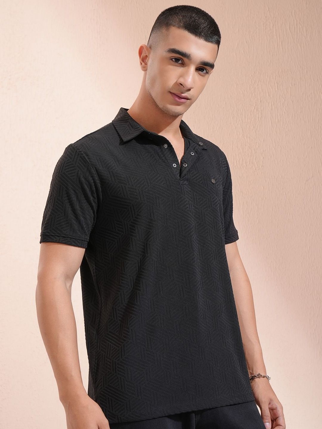 HIGHLANDER Men Self Design Polo Collar T-shirt