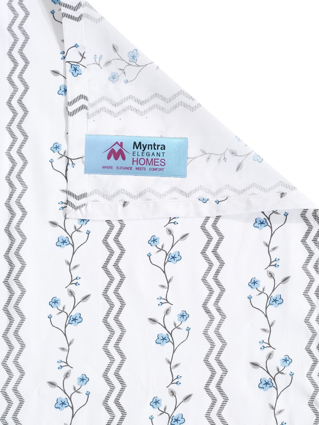 Myntra Elegant Homes White & Blue Floral 400 TC Bedsheet with 2 Pillow Covers