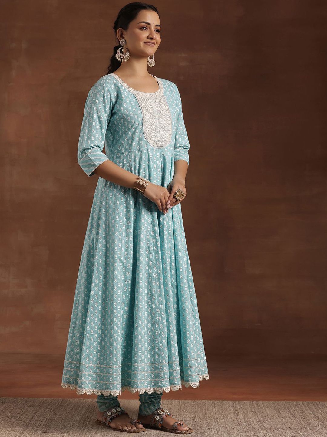 Libas Floral Printed Panelled Thread Work Pure Cotton Kurta with Churidar & Dupatta