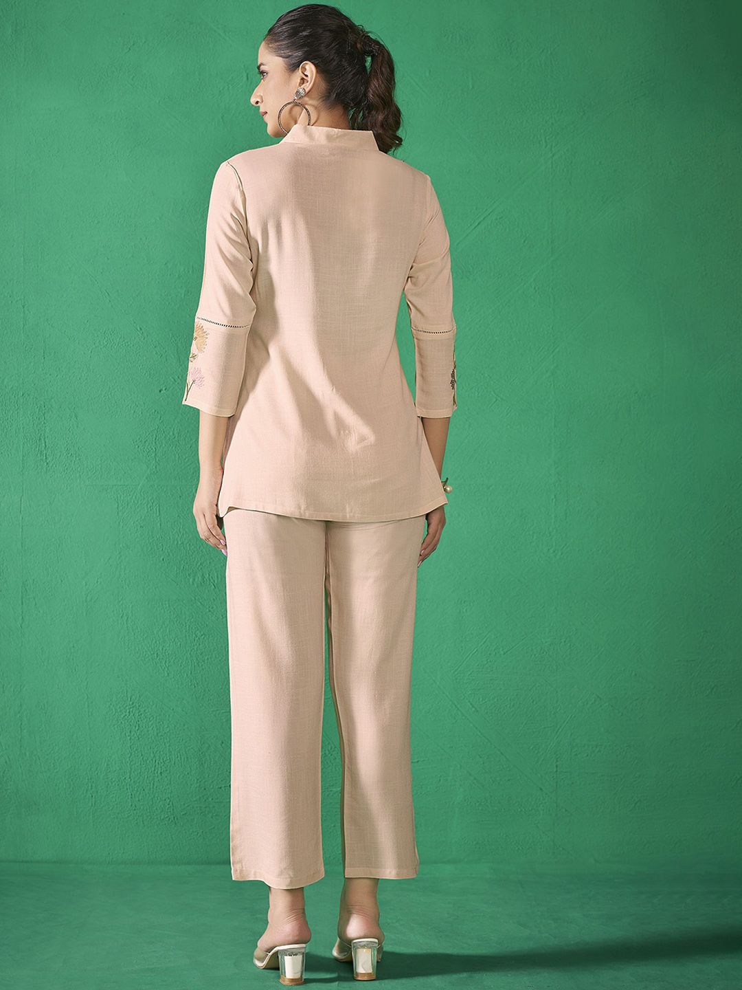 Anouk Beige Shirt Collar Embroidered Liva Shirt & Trouser