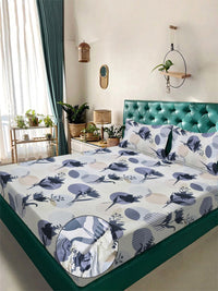 Cetakan Bunga Biru KLOTTHE Dipasang 300 TC Cotton Blend Cadar King Double & 2 Sarung Bantal