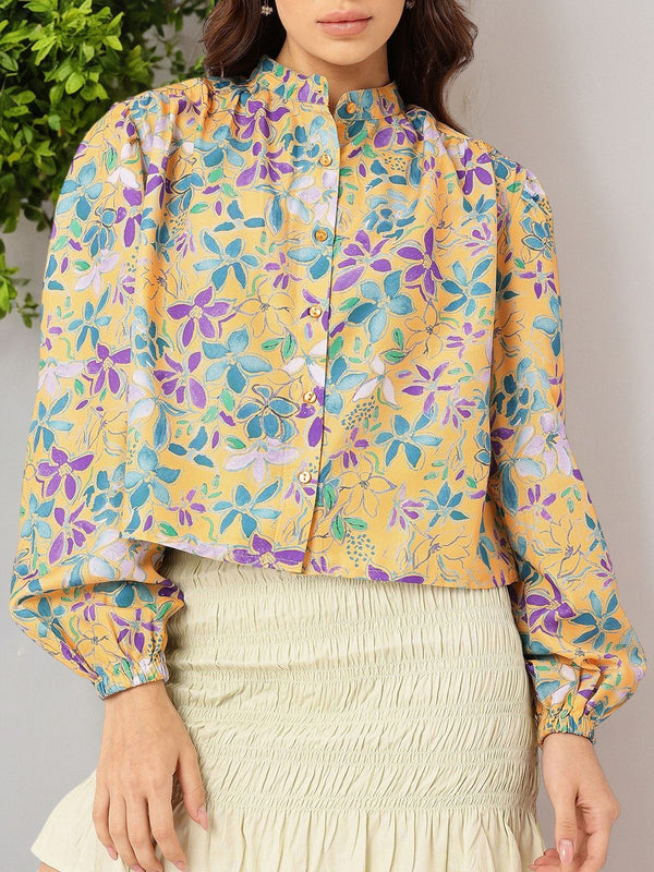 DressBerry Elegant Blooming Printed Gathers Boxy Casual Shirt