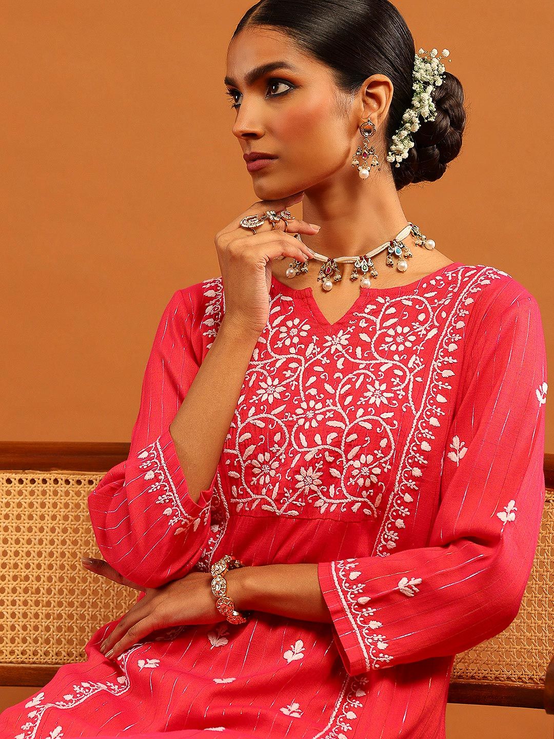 Rumah Chikankari Wanita Red Cotton Chikankari Sulam Kurta