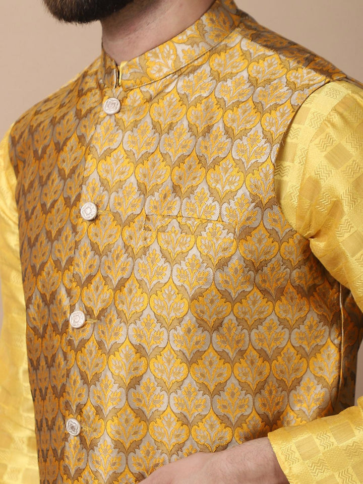 Anouk Yellow Geometric Printed Mandarin Collar Kurta with Churidar & Nehru Jacket