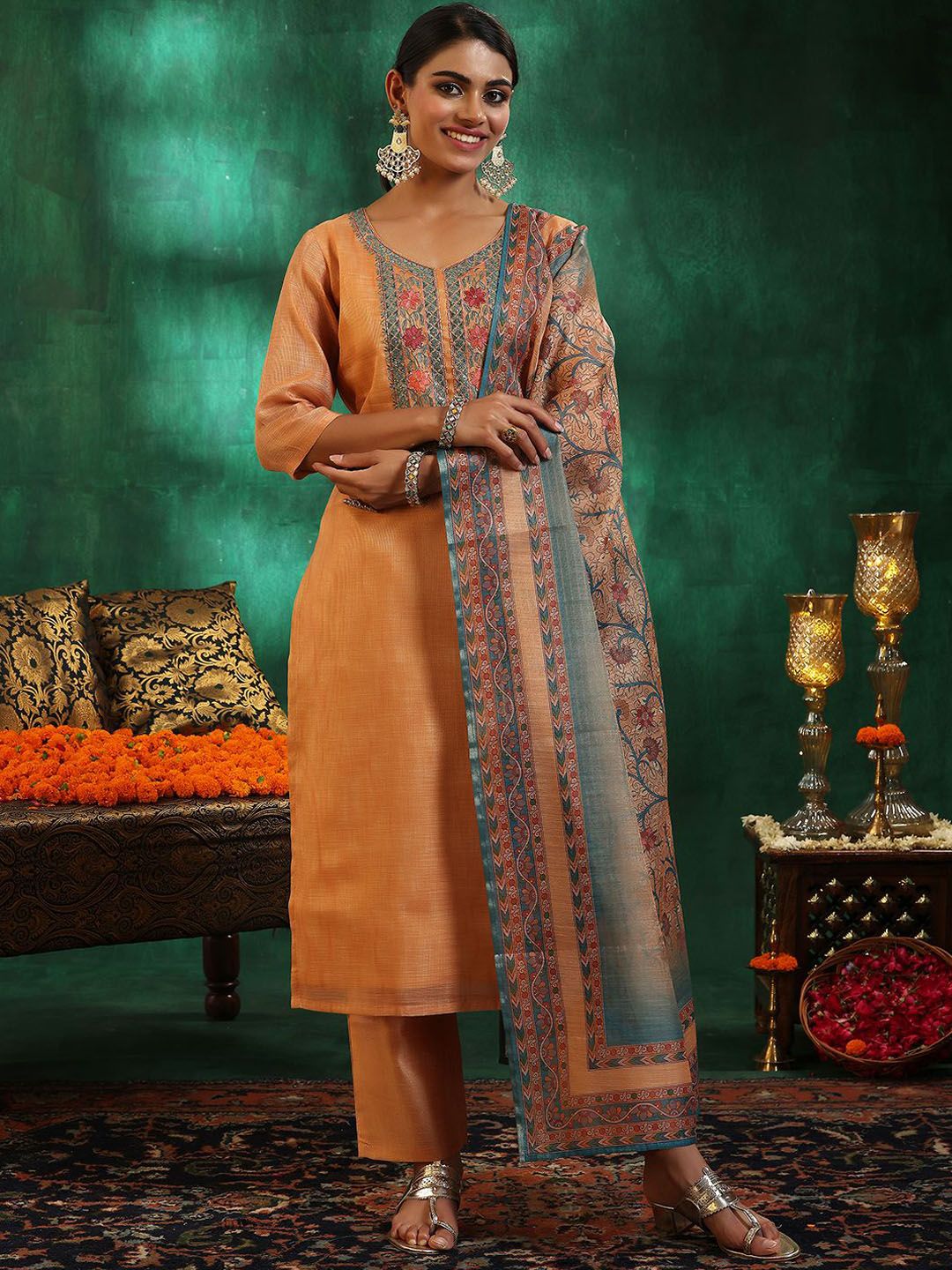 Libas Women Yoke Design Regular Beads and Stones Kurta with Trousers & With Dupatta