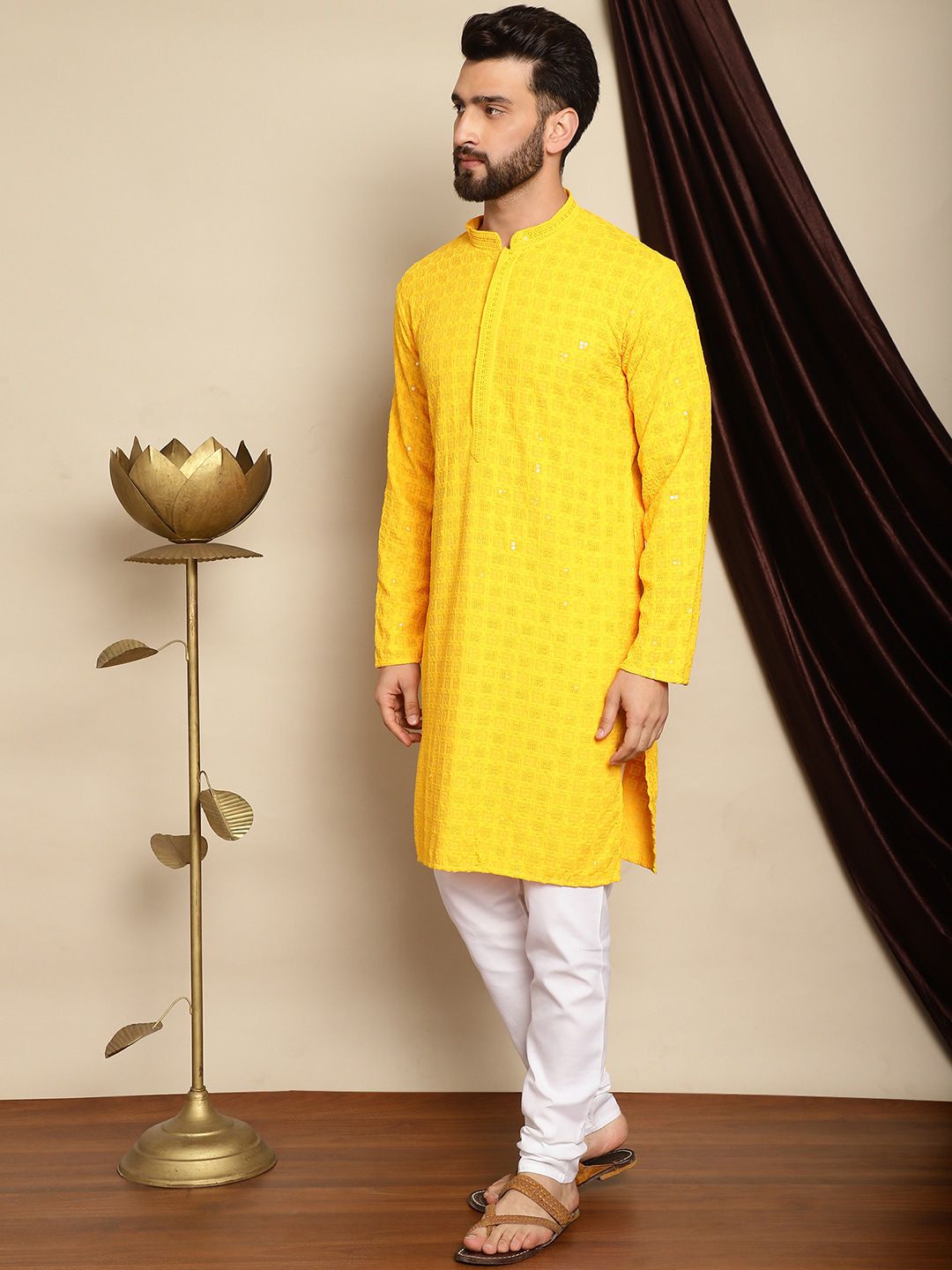 Anouk Yellow Embroidered Sequinned Pure Cotton Kurta with Churidar