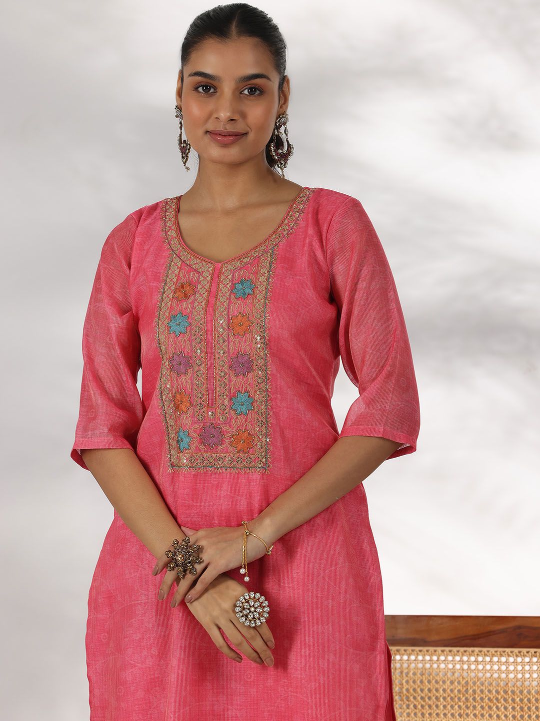 Libas Floral Yoke Design Sequinned Straight Kurta with Trousers & With Dupatta