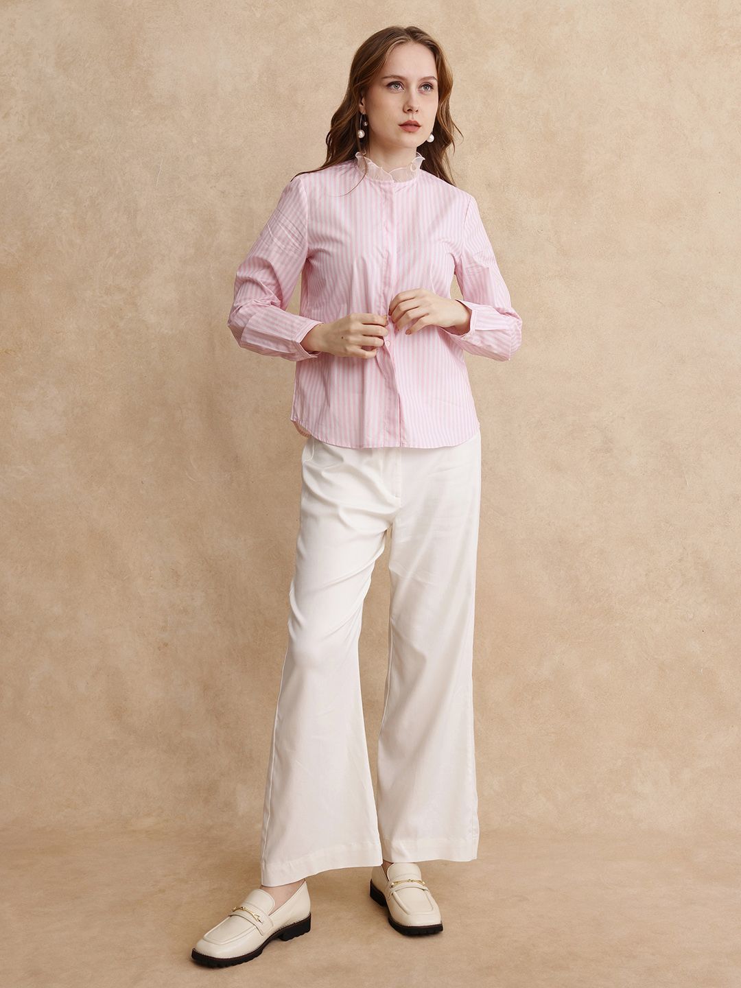 RAREISM Women Comfort Mandarin Collar Vertical Striped Cotton Casual Shirt