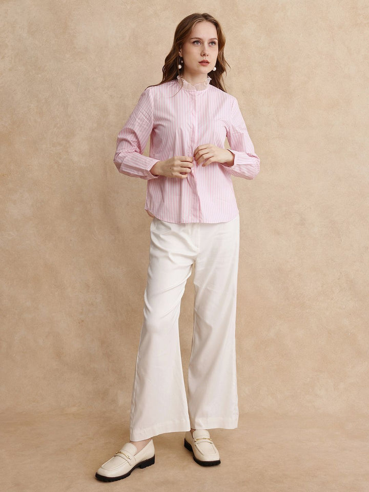 RAREISM Women Comfort Mandarin Collar Vertical Striped Cotton Casual Shirt