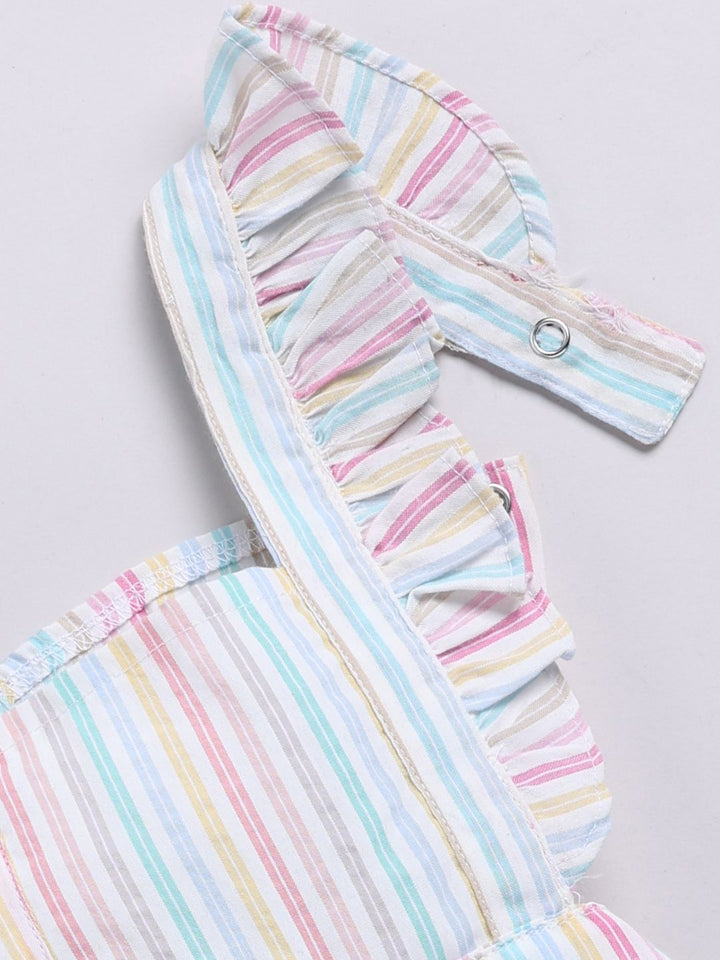 Moms Love Infants Girls Cotton Striped Ruffled Dungarees with T-shirt & Headband