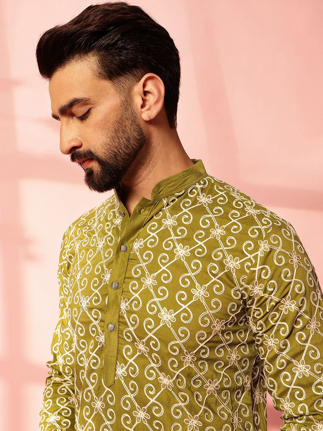 Anouk Men Floral Embroidered Regular Pure Cotton Kurta with Pyjamas