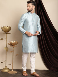 Motif Etnik Biru Anouk Tenunan Direka Jacquard Sutera Kurta Biasa dengan Churidar