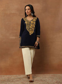 House of Chikankari Women Navy Blue Woollen Aari Embroidered Kurta