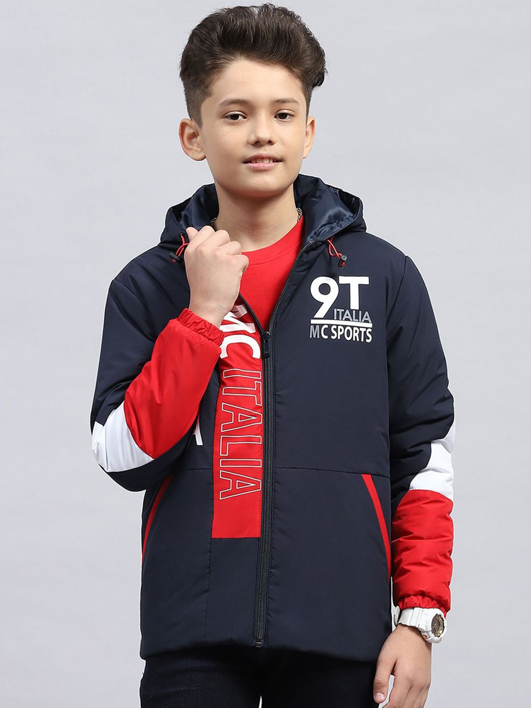 Monte Carlo Boys Hooded Typography Printed Casual Sporty Jacket