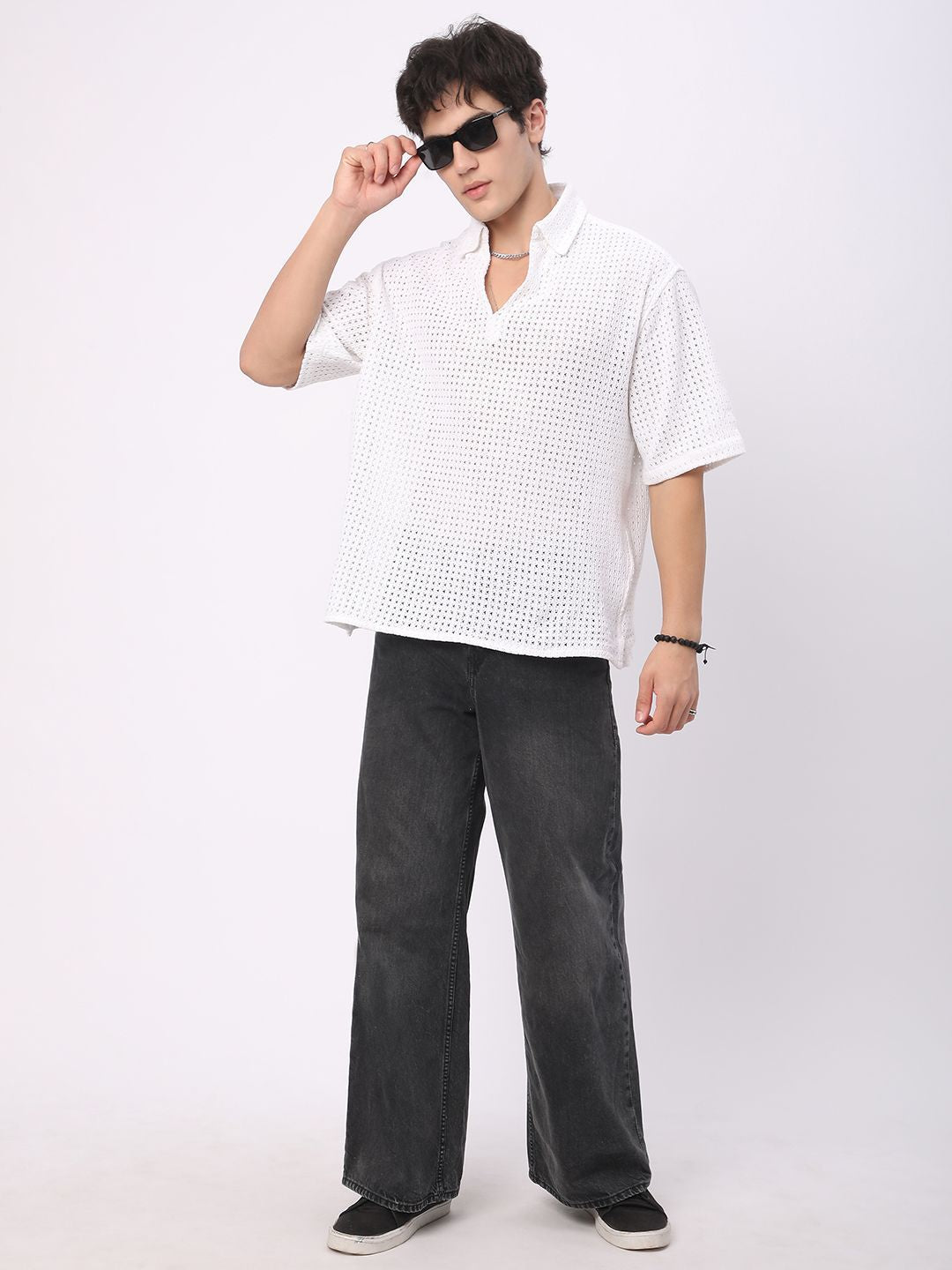 VASTRADO Oversized Classic Crochet Polo Collar Cotton T-Shirt