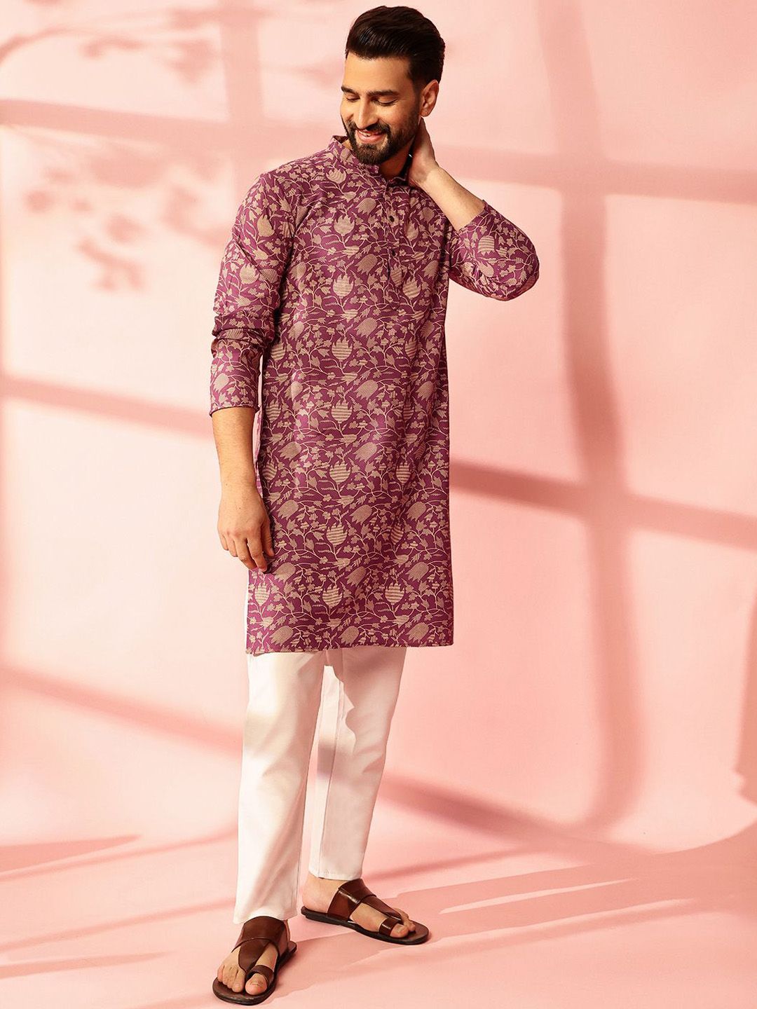 Anouk Floral Printed Band Collar Cotton Linen Straight Kurta