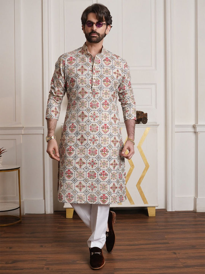 SOJANYA Ethnic Motifs Printed Band Collar Regular Kurta With Churidar
