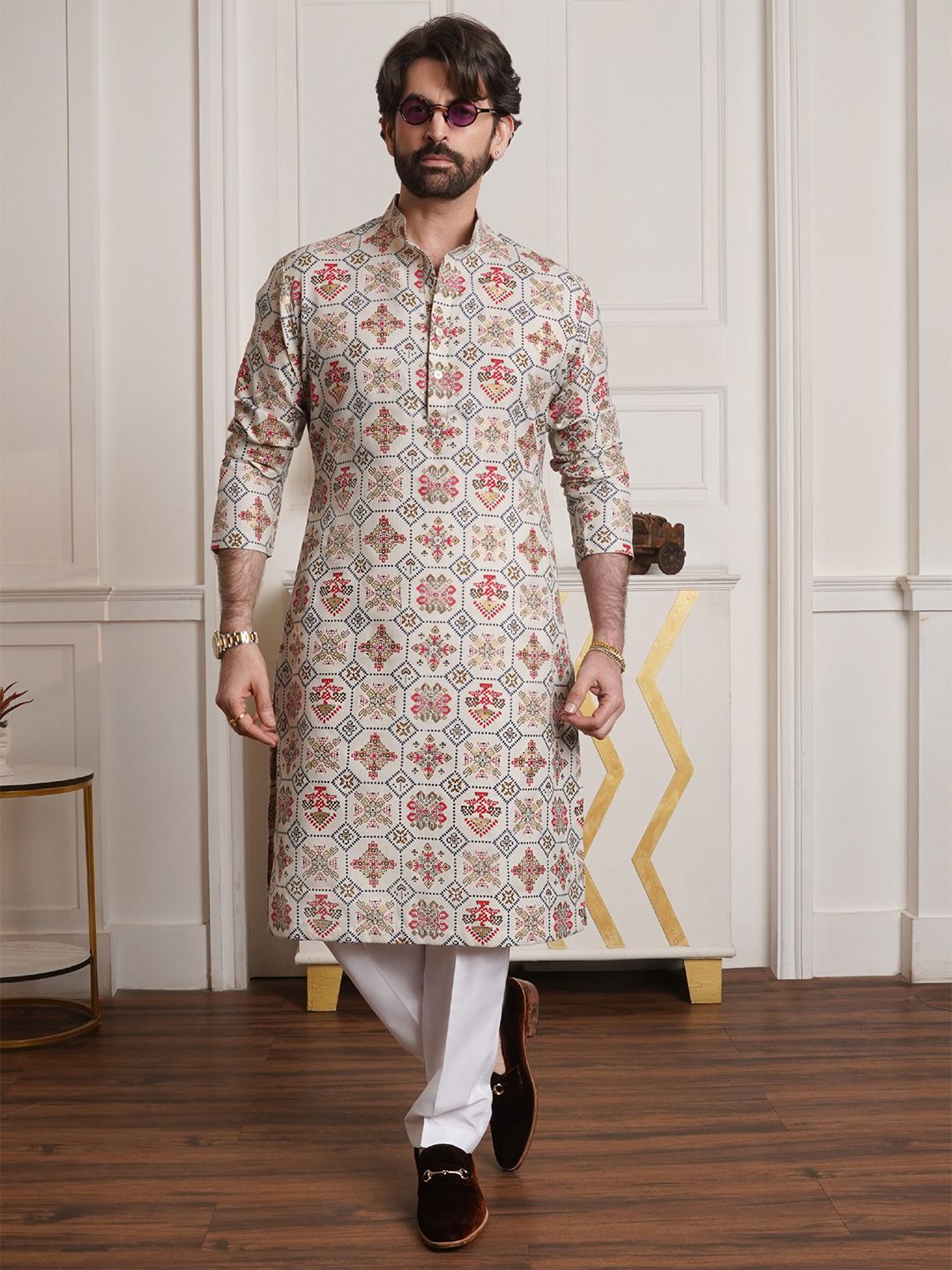 SOJANYA Ethnic Motifs Printed Band Collar Regular Kurta With Churidar