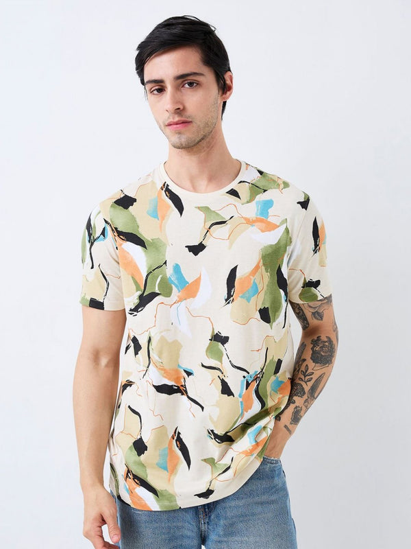 SPYKAR Men Abstract Printed Round Neck Cotton Slim Fit T-shirt