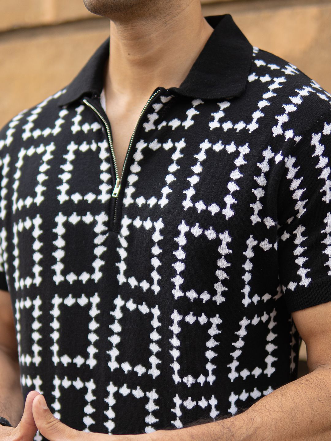 Powerlook SS25 Geometric Knit Polo Collar Pure Cotton T-Shirt