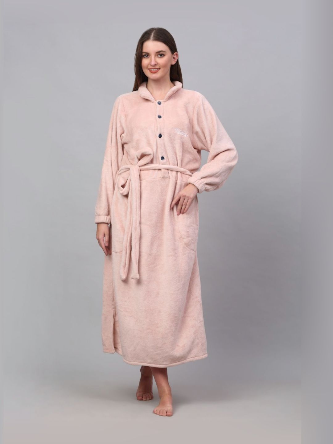 KLOTTHE Pink Shirt Collar Woollen Bath Robe With Belt
