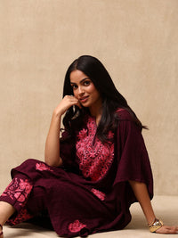 House of Chikankari Crafts Aari Embroidered Solid Women's Kaftan Set - Wine