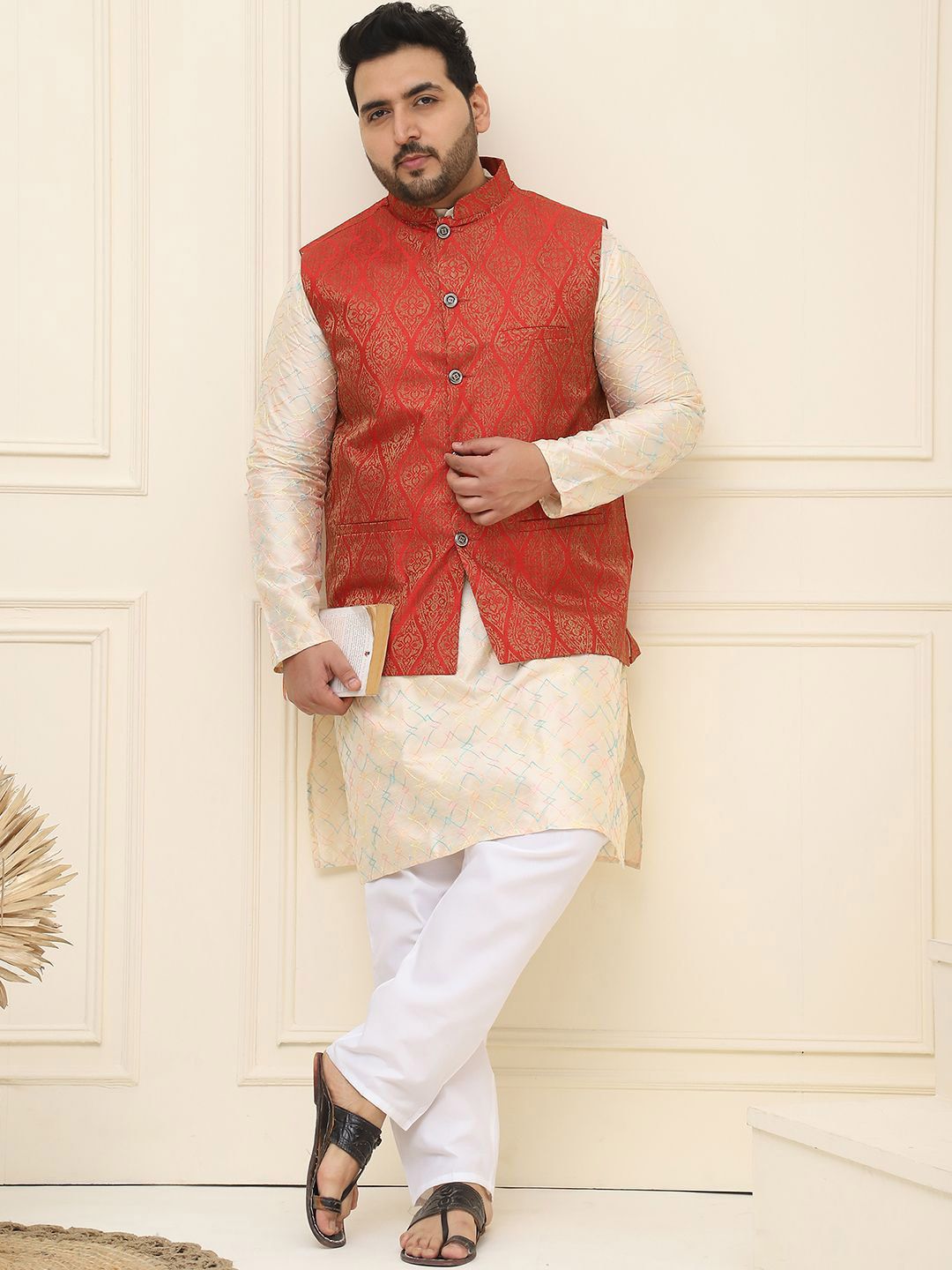 SOJANYA PLUS Lelaki Plus Size Printed Mandarin Collar Nehru Jaket