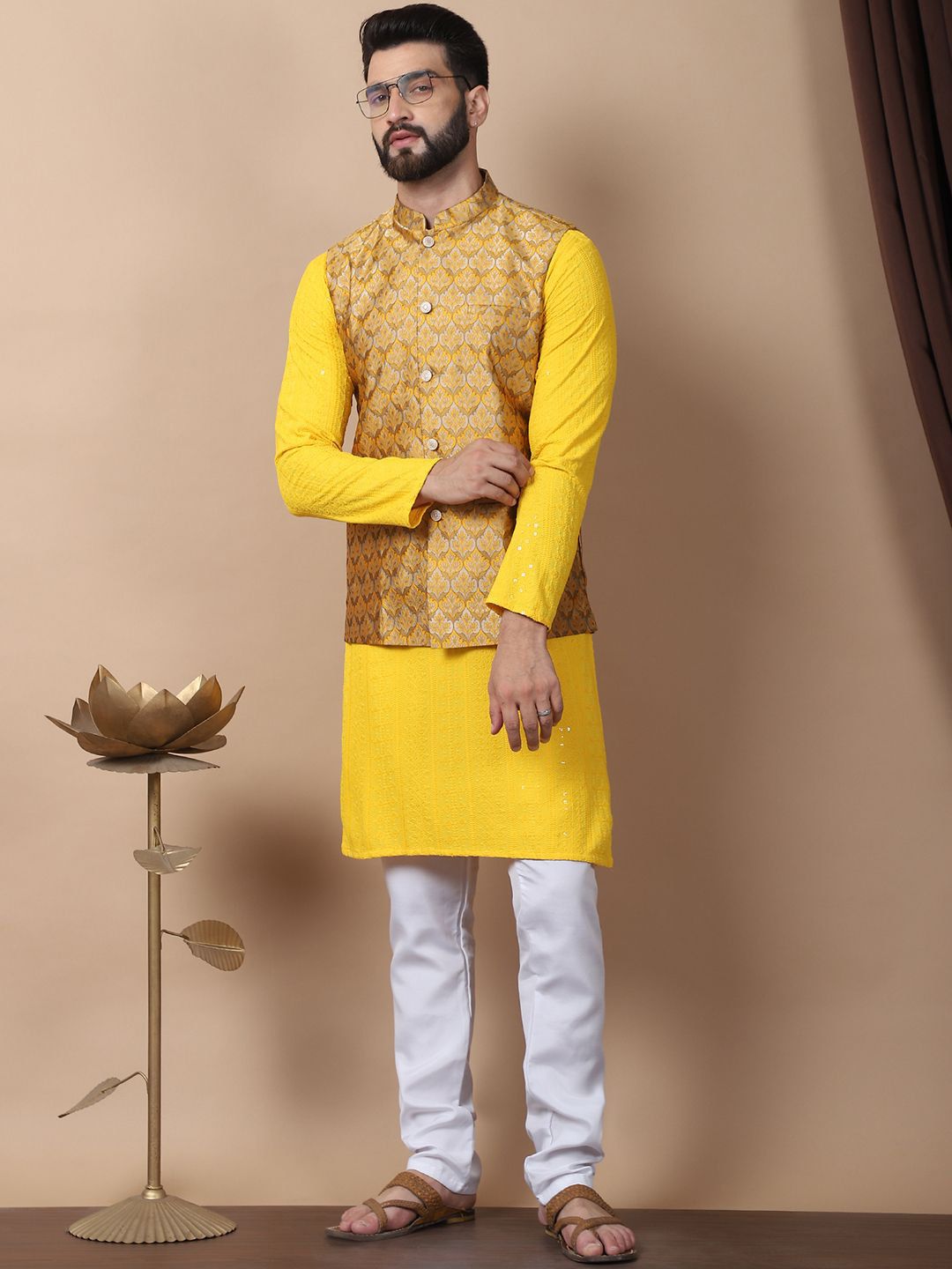 Anouk Mustard Yellow Floral Embroidered Pure Cotton Kurta with Churidar & Nehru Jacket