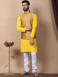 Anouk Mustard Yellow Floral Embroidered Pure Cotton Kurta with Churidar & Nehru Jacket