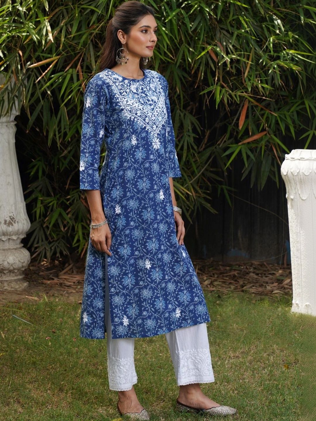 House of Chikankari Women Floral Printed Thread Work Indie Prints Kurta