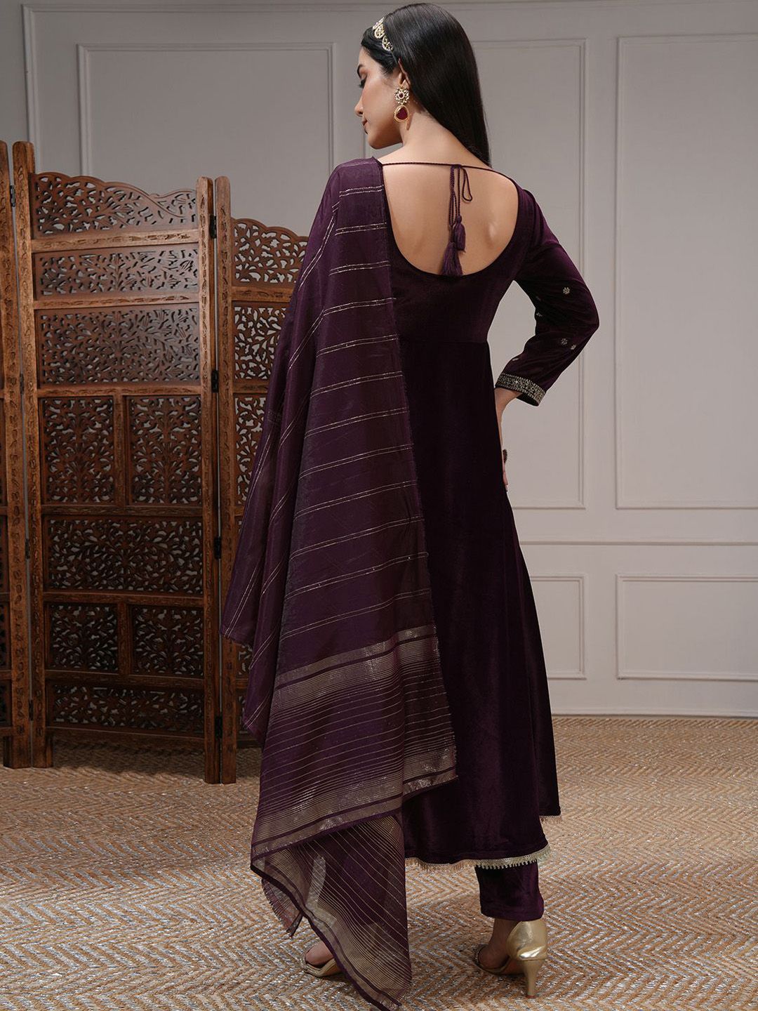 Vishudh Women Embroidered Velvet Umbrella Kurta With Slim Pants & Dupatta