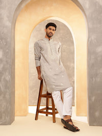 Anouk Geometric Embroidered Band Collar Thread Work Cotton Silk Straight Kurta