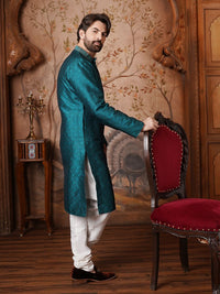 SOJANYA Men Teal Woven Design Straight Kurta
