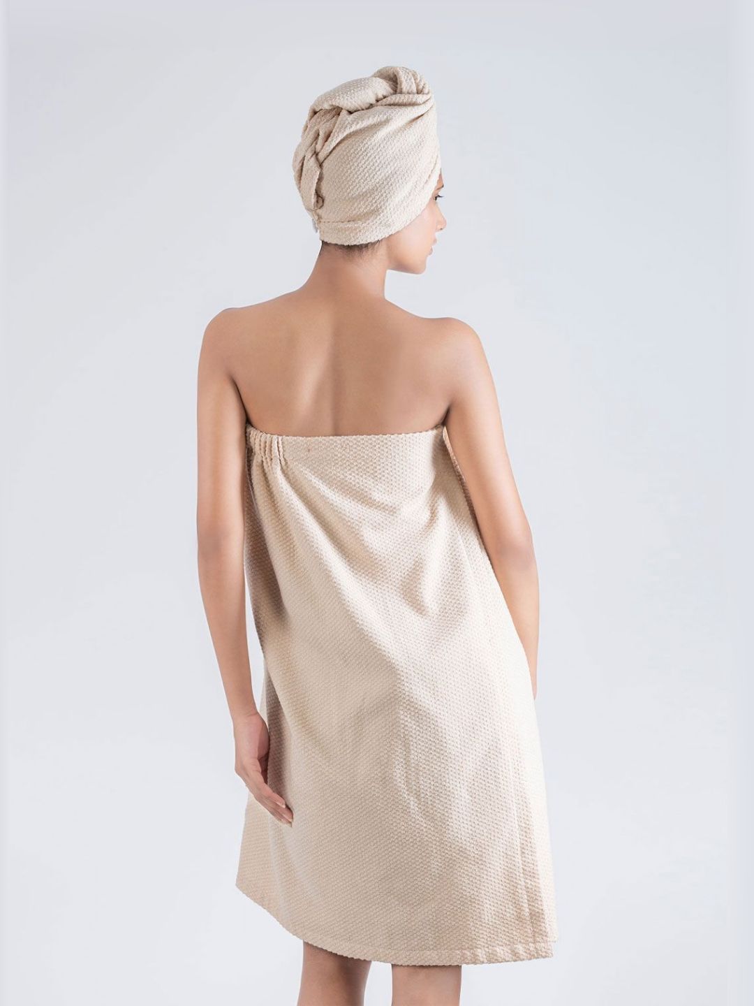 MYTRIDENT Beige Colored Cotton Body Wrap Bathrobe With Head Cap