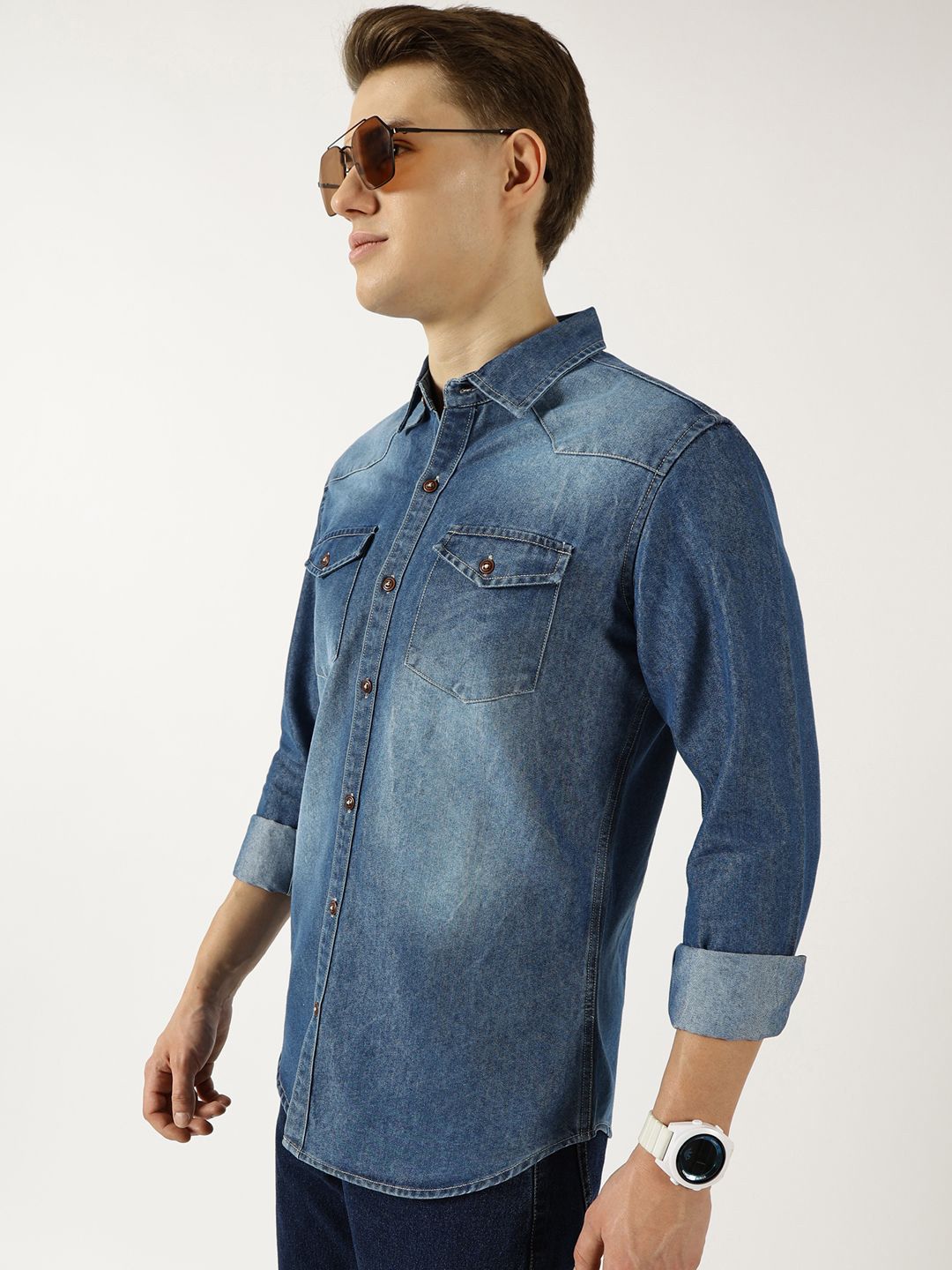 Thomas Scott Men Classic Spread Collar Faded Cotton Slim Fit Casual Shirt