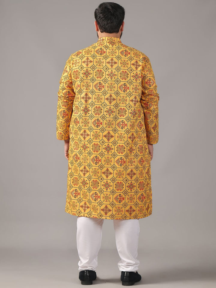 SOJANYA PLUS Size Ethnic Motifs Printed Band Collar Cotton Linen Straight Kurta