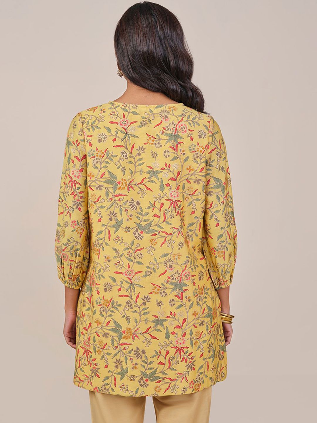 Global Desi Women Floral Printed Tie Up Neck A-Line Kurti