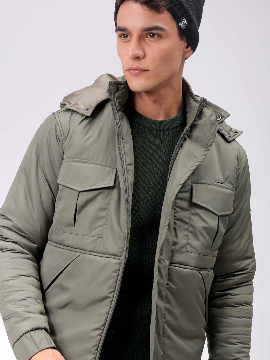 The Indian Garage Co Men Olive Solid Hooded Neck Padded Parka Jacket