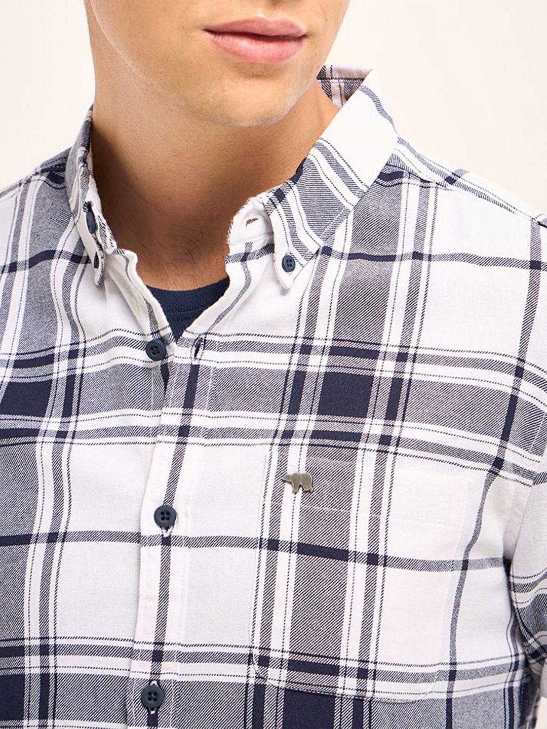 THE BEAR HOUSE Men Button-Down Collar Tartan Checked Cotton Slim Fit Casual Shirt