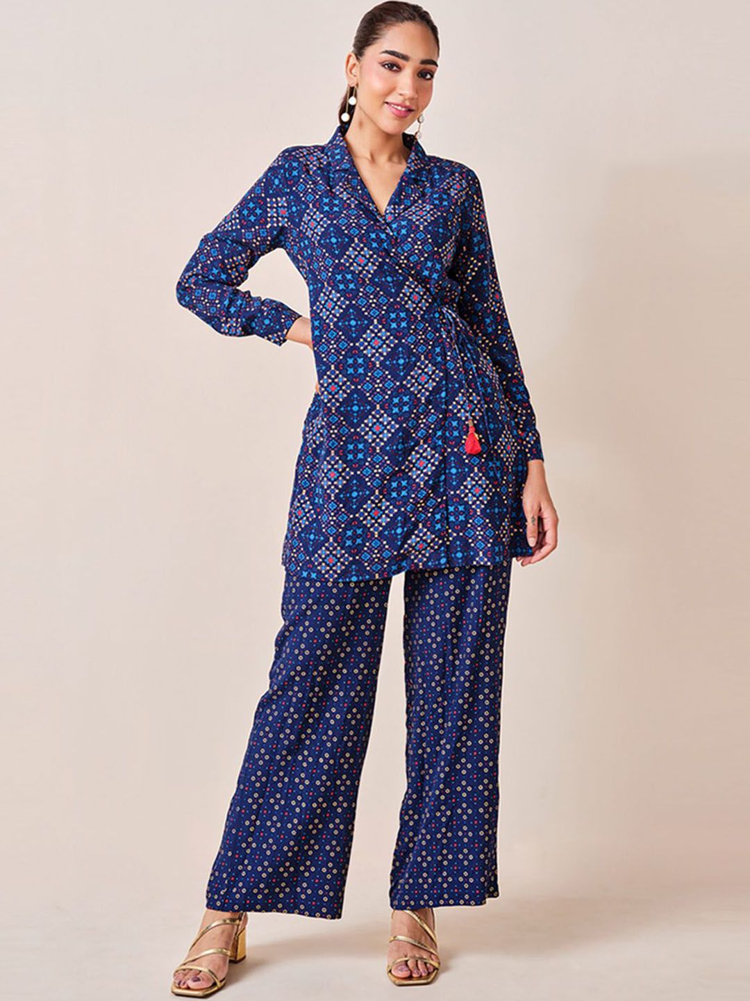 Global Desi Printed Lapel Collar Tunic With Trousers