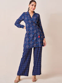 Global Desi Printed Lapel Collar Tunic With Trousers