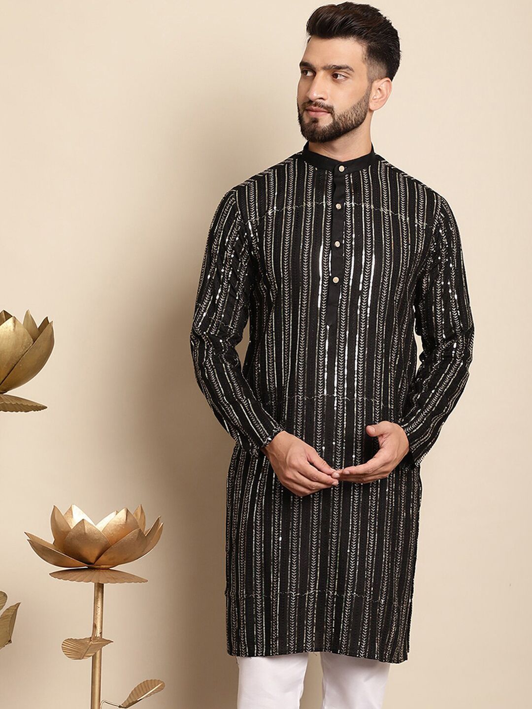 Anouk Embellished Mandarin Collar Sequins Detail Cotton Straight Kurta