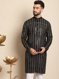 Anouk Embellished Mandarin Collar Sequins Detail Cotton Straight Kurta