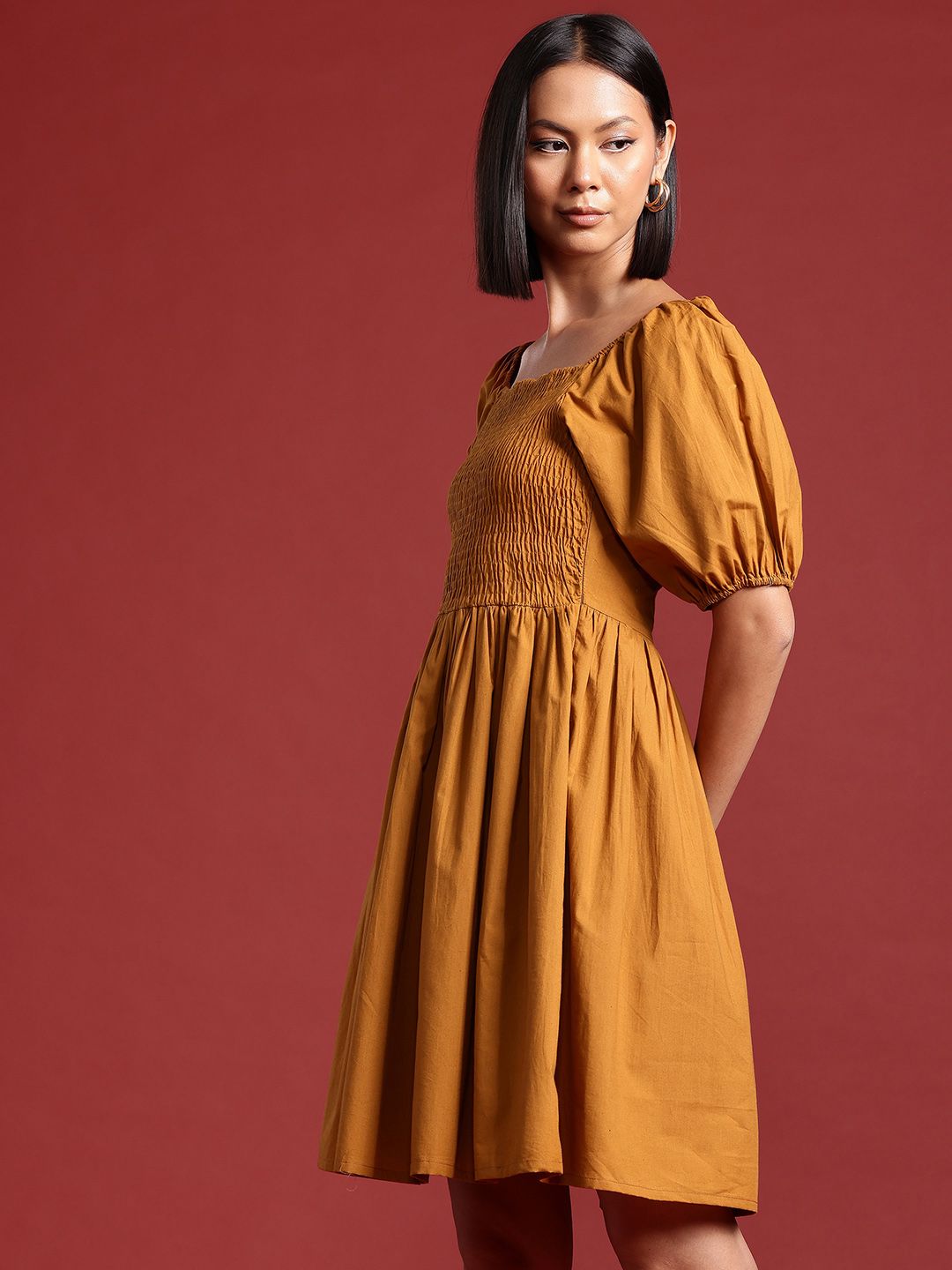 all about you Puff Sleeves Smocked Pure Cotton Fit & Flare Dress