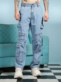 Eszett Men Blue Santai Slim Fit High-Rise Seluar Denim Cargos Mudah Dicuci