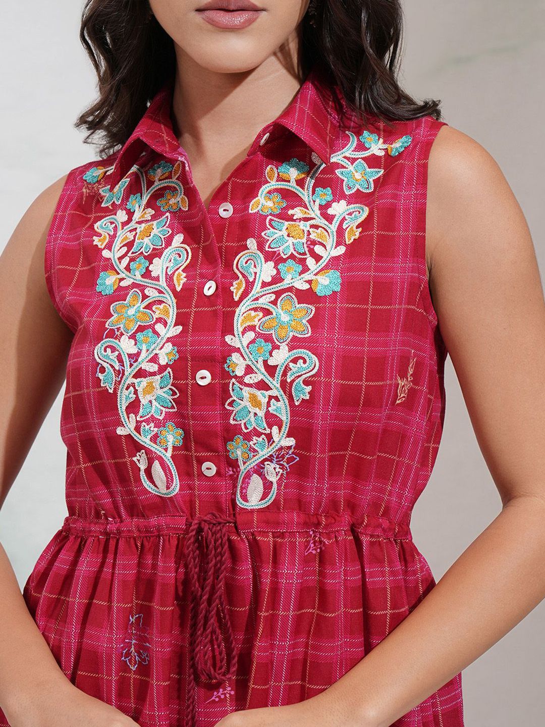 Vishudh Printed Shirt Collar Embroidered Bodice Sleeveless Tiered Midi Dress