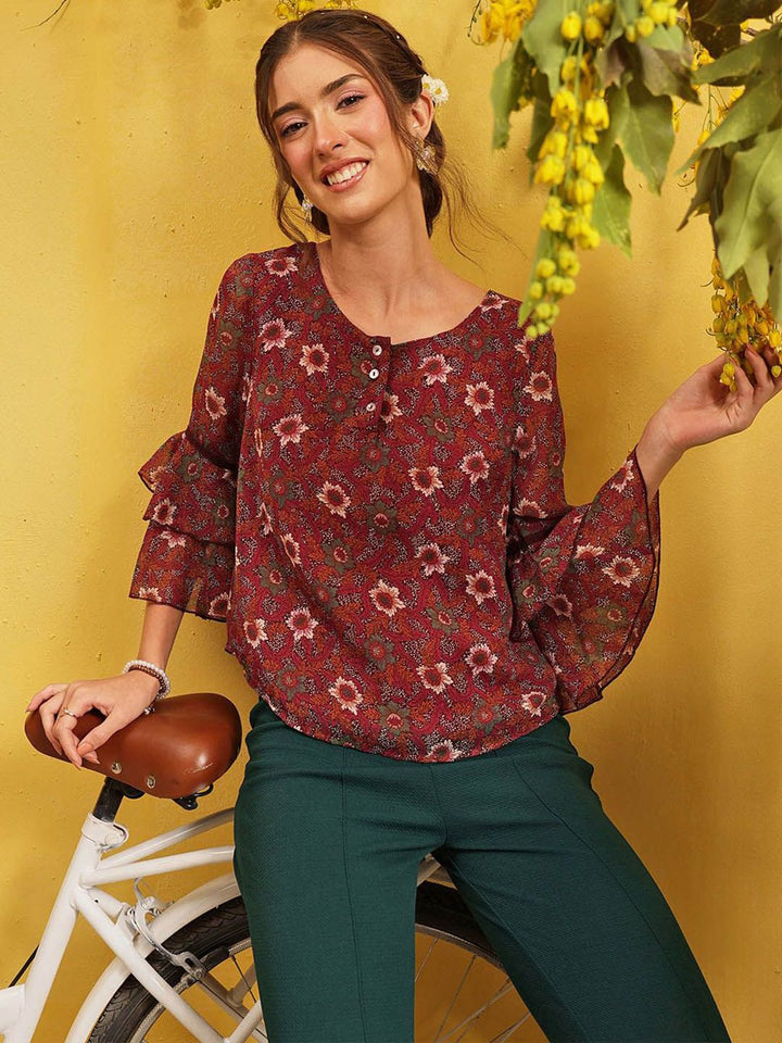 QUIERO Women Floral Printed Bell Sleeves A-Line Top