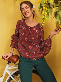 QUIERO Women Floral Printed Bell Sleeves A-Line Top