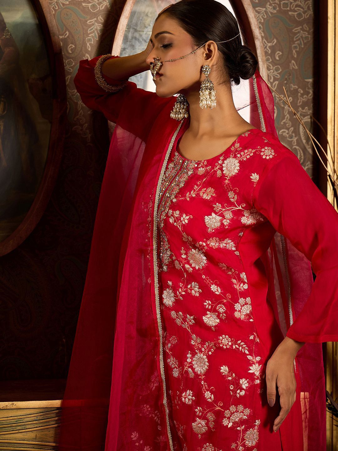 Indo Era Floral Zari Embroidered Straight Kurta with Trouser & Dupatta