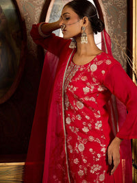 Indo Era Floral Zari Embroidered Straight Kurta with Trouser & Dupatta